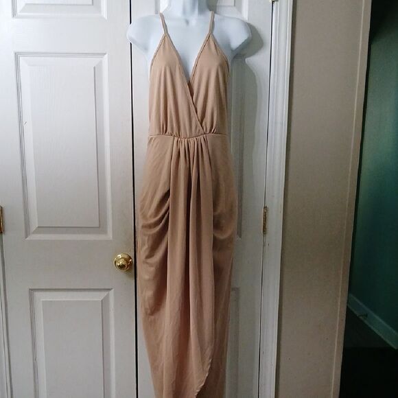 Tan nude color spaghetti cross over straps pleated front dress Sz XL EUC - Picture 1 of 8